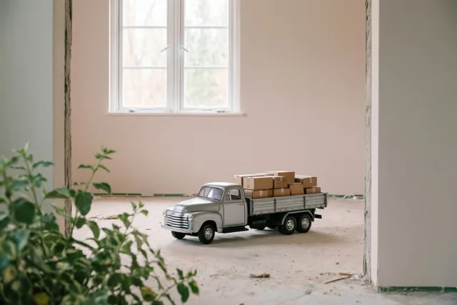 Een zilverkleurige blikken speelgoedvrachtwagen met kartonnen dozen staat op de kale vloer van een lege kamer met lichtroze muren en een raam, met een groene bladplant op de voorgrond.