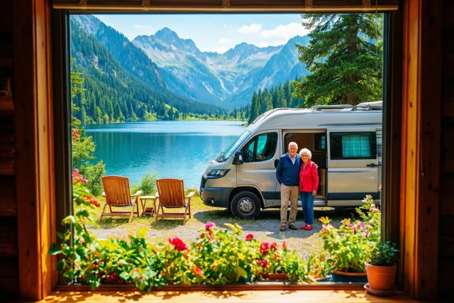Door een houten raam zie je een ouder koppel naast een zilverkleurige camper aan een blauw bergmeer, met groene bergen, twee houten ligstoelen en kleurrijke bloemen op de voorgrond.