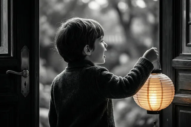 Een jong kind staat met de rug naar de kijker zingend aan een donkere houten deur met een lichtgevende papieren lantaarn in de hand, in zwart-wit met een warm gouden kleuraccent op de lantaarn.