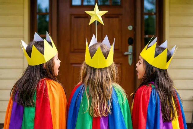 Drie kinderen met papieren kronen en regenboogkleurige capes zingen van achteren gezien voor een houten deur met een gele ster op een stok.