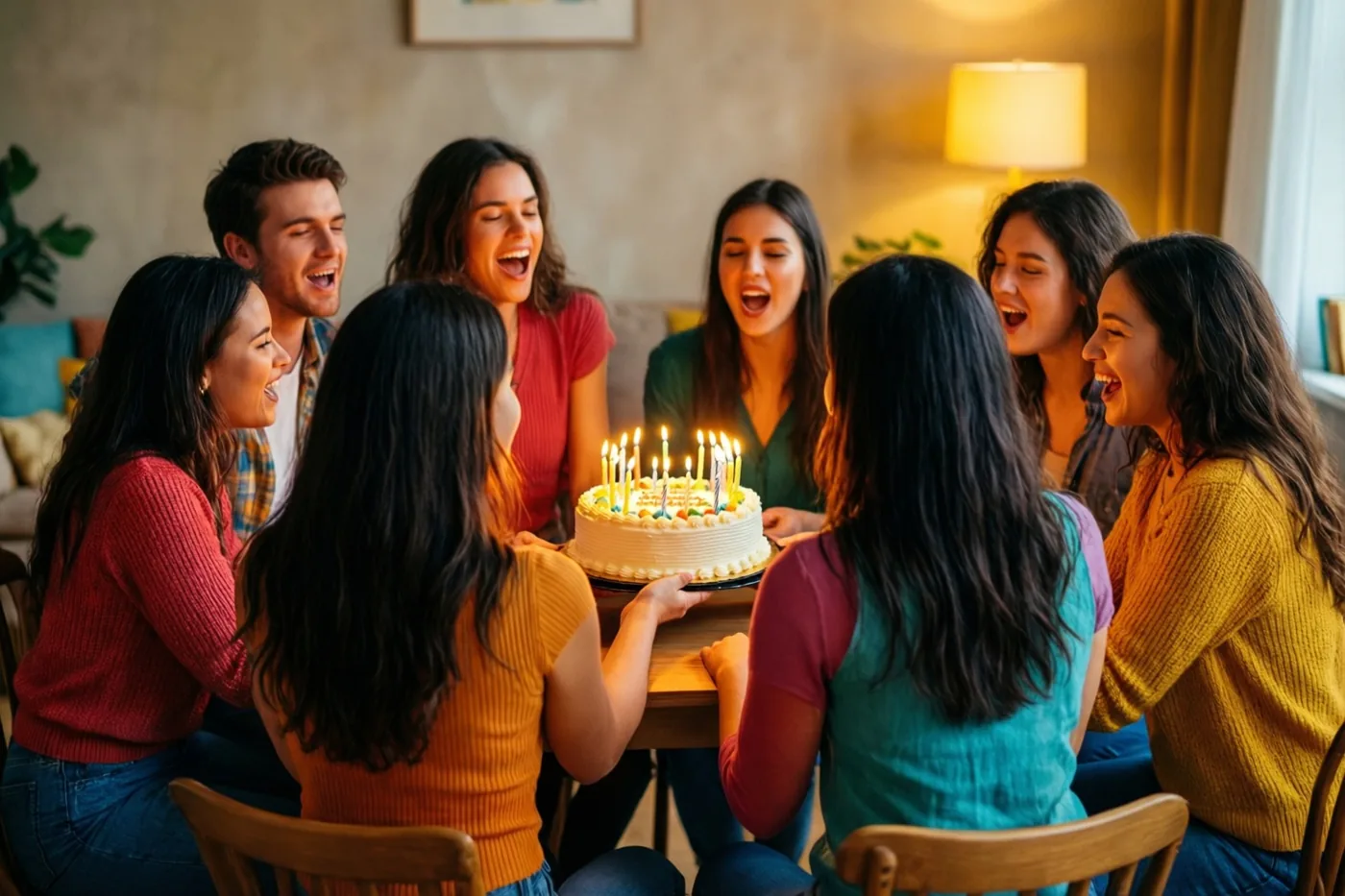 Een groep vrienden, van achteren gezien, zingt rond een houten tafel met een verjaardagstaart met brandende kaarsjes in een kamer die warm verlicht wordt door een lamp.