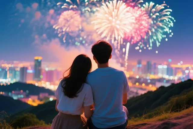 Een koppel zit met de rug naar de kijker op een grasheuvel en kijkt 's nachts naar kleurrijk vuurwerk boven een verlichte stad.