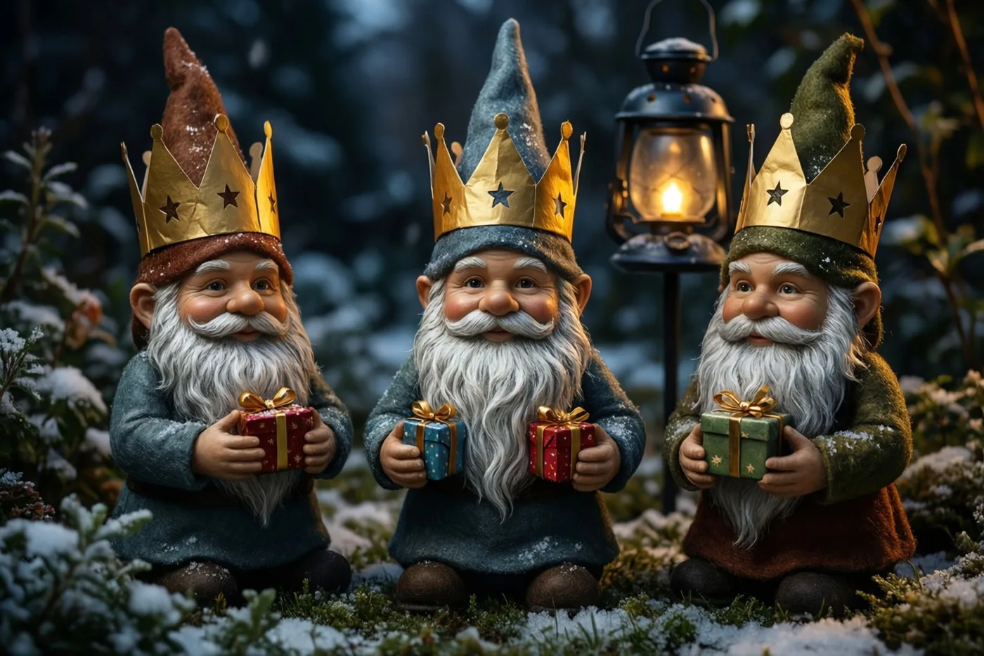 Drie tuinkabouters met lange witte baarden en goudkleurige kronen zitten in een besneeuwde tuin met elk een klein geschenkdoosje vast en een brandende sterlantaarn achter hen.