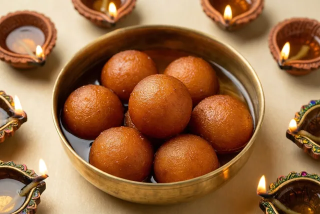 Een messing kom goudbruine gulab jamun in siroop staat tussen brandende olielampjes van klei op een beige ondergrond.