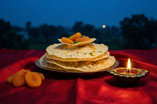 Een stapel soan papdi met gedroogde abrikozen ligt op een rode zijden doek naast een brandend olielampje, met een buitenscène in de schemering op de achtergrond.