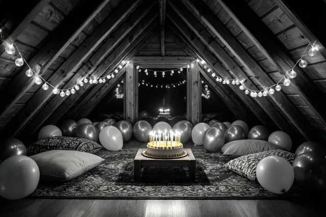 Op een zwart-witfoto staat een taart met brandende kaarsjes op een tafeltje in een zolderkamer met lichtslingers, vloerkussens, ballonnen, houten balken en een tapijt met patroon.