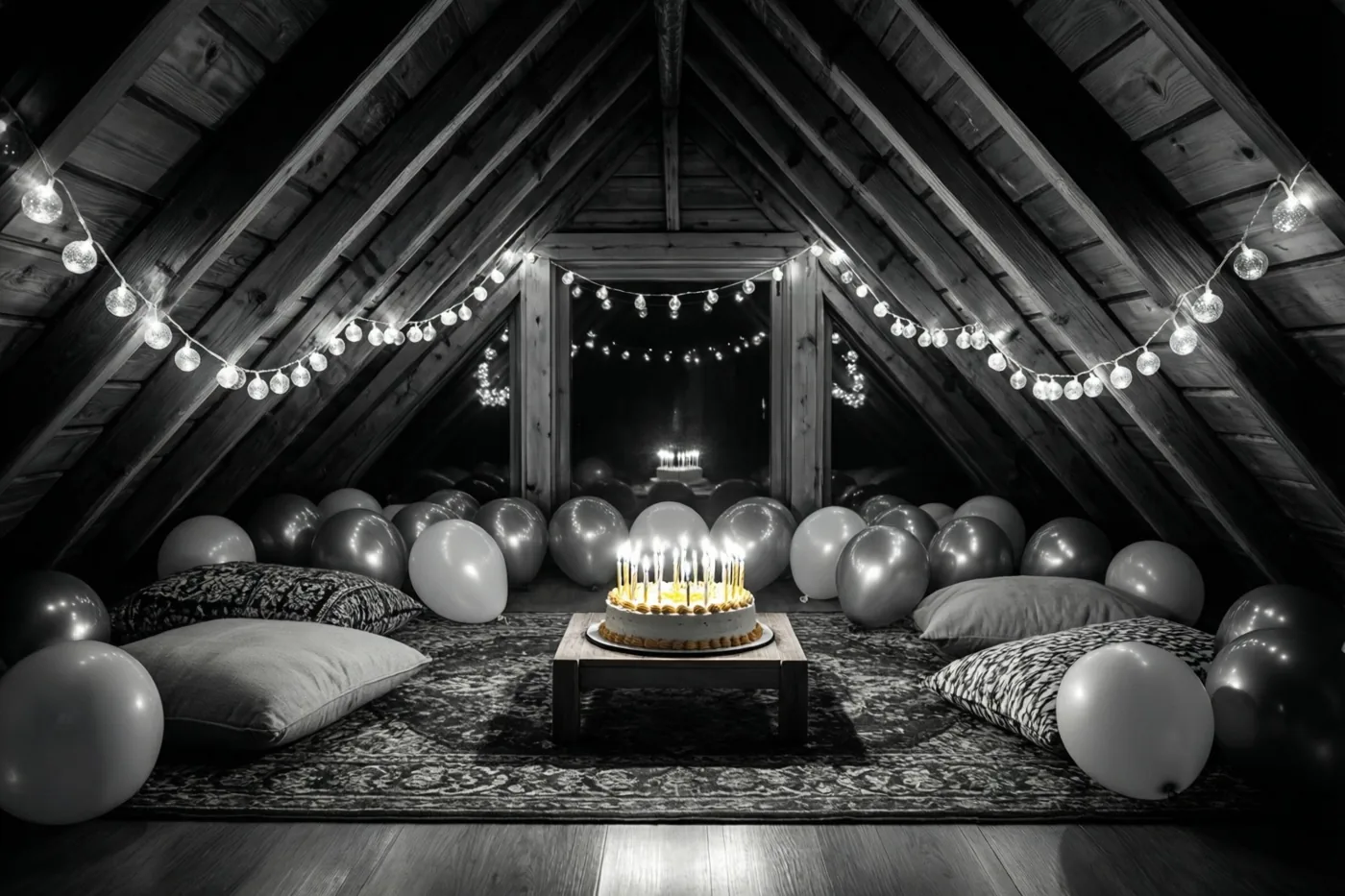 Op een zwart-witfoto staat een taart met brandende kaarsjes op een tafeltje in een zolderkamer met lichtslingers, vloerkussens, ballonnen, houten balken en een tapijt met patroon.