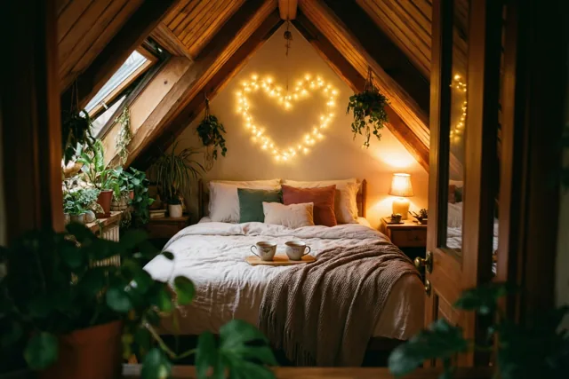 In een warm verlichte zolderslaapkamer met houten balken en veel groene planten staan twee theekopjes op een bed onder een lichtsnoer in hartvorm.