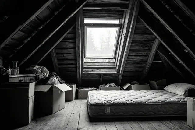 Een zwart-witfoto toont een zolderkamer met schuin dak, raam, houten structuren, een matras op de vloer en uitgepakte kartonnen dozen.