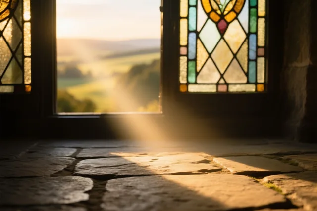 Warm zonlicht valt door een glasraam op een stenen binnenvloer, met buiten het raam een onscherp landelijk landschap.