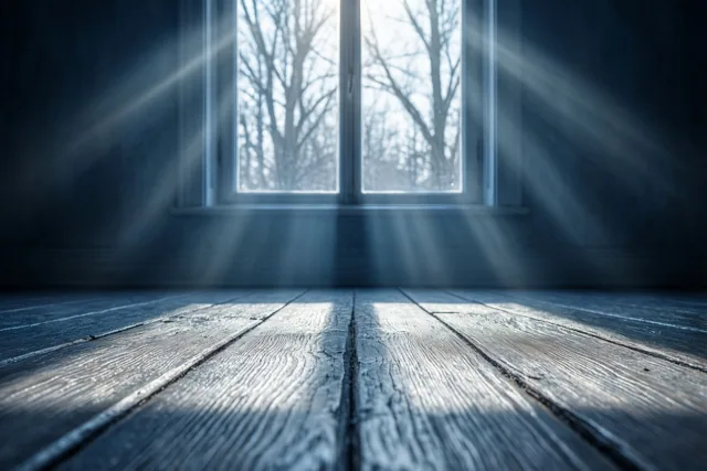 Zonlicht valt door een raam zonder gordijnen op een lege houten vloer in een schemerige kamer met koele blauwe en grijze tinten.