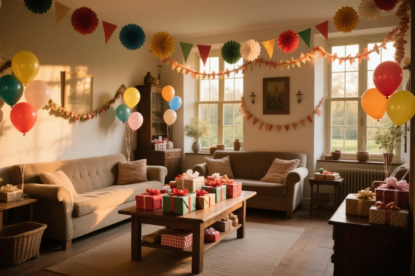 Zonlicht valt door grote ramen in een Vlaamse woonkamer met kleurrijke papieren slingers, ballonnen en een houten salontafel vol ingepakte cadeaus.