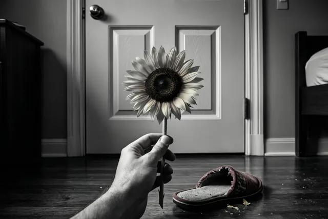 Op een zwart-witfoto houdt een hand een enkele zonnebloem voor een dichte slaapkamerdeur, naast een kapotgekauwde pantoffel op een houten vloer.