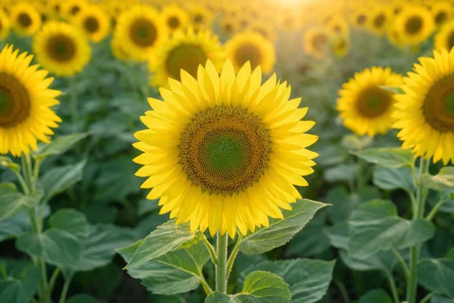 Een gele zonnebloem staat scherp in beeld tussen onscherpe zonnebloemen en groen blad in warm gouden licht.