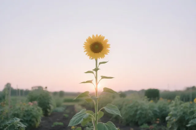 Een hoge zonnebloem staat in een tuin naar de opkomende zon gericht, onder een roze en lichtblauwe ochtendlucht.
