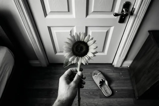 Op een zwart-witfoto houdt een hand één zonnebloem voor een gesloten slaapkamerdeur, met een kapotgekauwde pantoffel op de houten vloer ernaast.