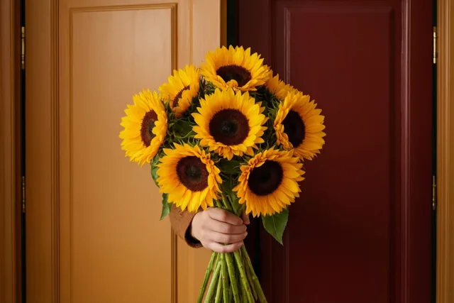 Een hand steekt met een groot boeket felgele zonnebloemen achter een halfopen houten deur vandaan, met een donkerrode deur als achtergrond.