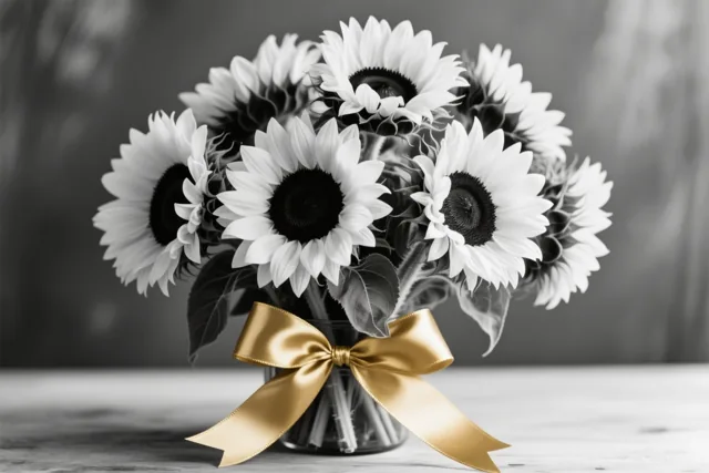 Een zwart-witfoto toont een boeket zonnebloemen met een goudkleurig lint in een glazen vaas op een houten oppervlak, waarbij het lint in kleur opvalt.