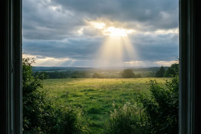 Door een open raam met donkere randen en groen op de voorgrond is een zonnestraal te zien die door grijze wolken boven een groene weide breekt.