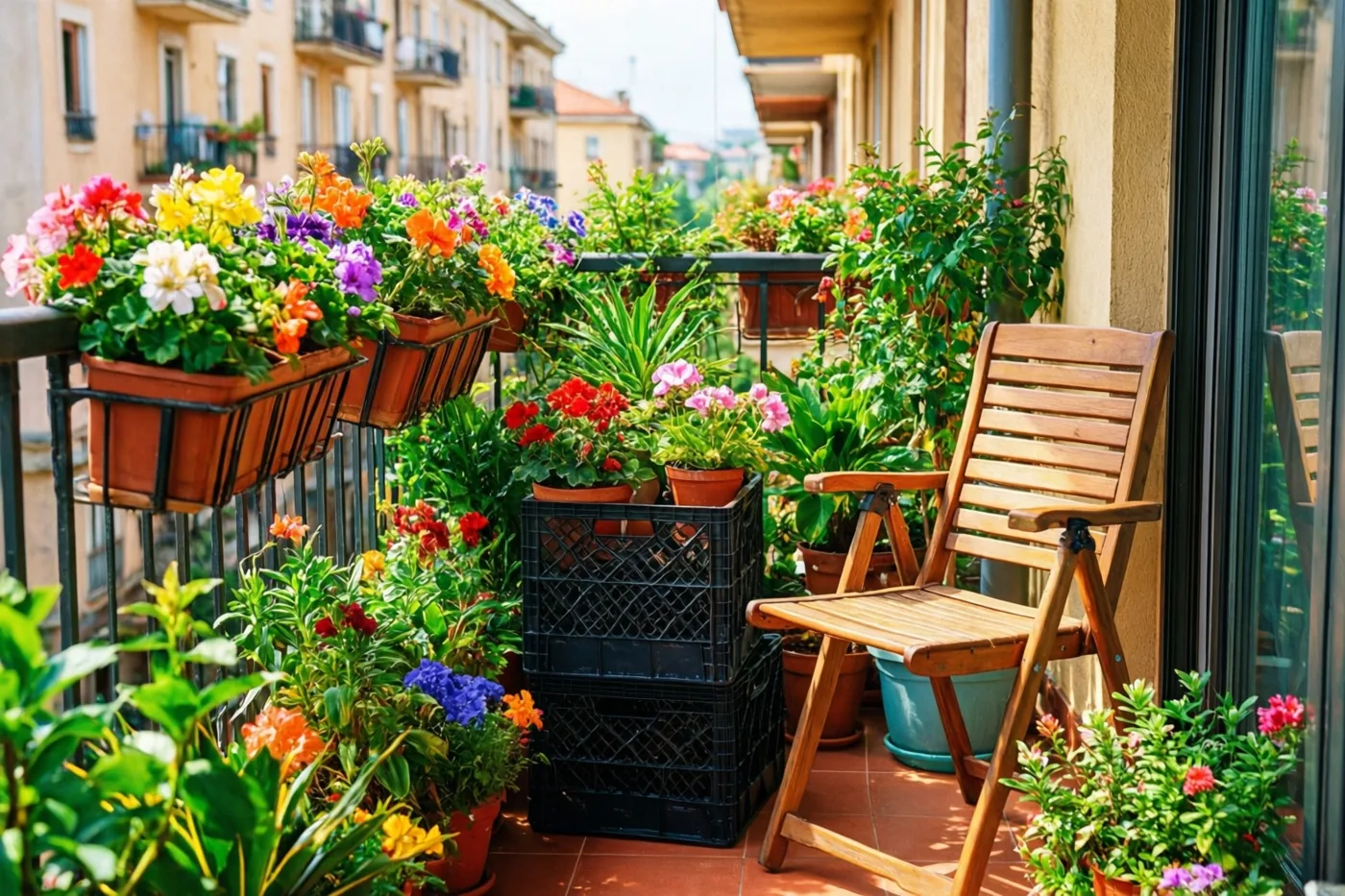 Op een zonnig stadsbalkon staan kleurrijke bloemen, groene planten en een houten klapstoel naast gestapelde zwarte kratten met planten.