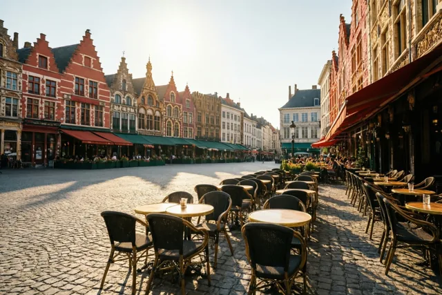 Een caféterras met tafels en stoelen staat op een zonnig kasseiplein tussen oude Vlaamse gebouwen met puntdaken en rode bakstenen gevels.