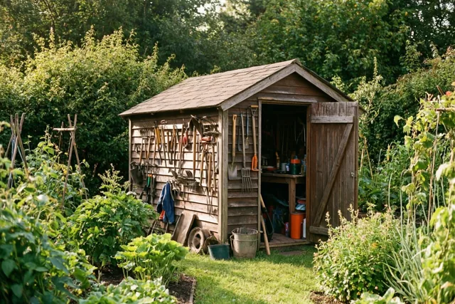 Een houten tuinhuis met netjes opgehangen gereedschap staat tussen weelderige groene planten en bomen in warm zonlicht.