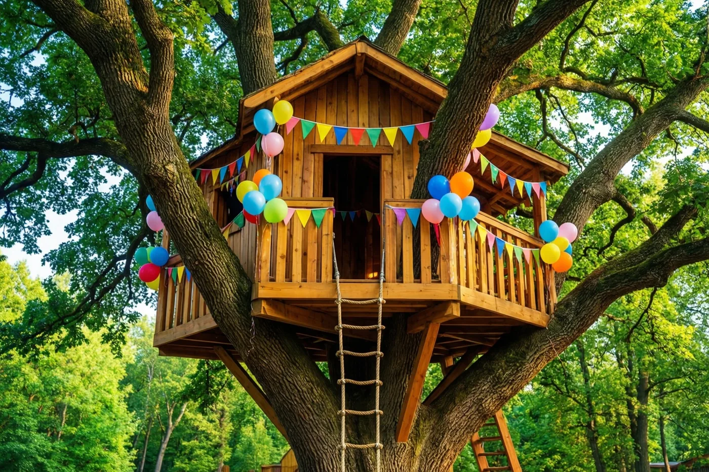 Een houten boomhut in een grote eik is versierd met kleurrijke vlaggetjes en ballonnen, in een weelderig groen bos onder helder zonlicht.