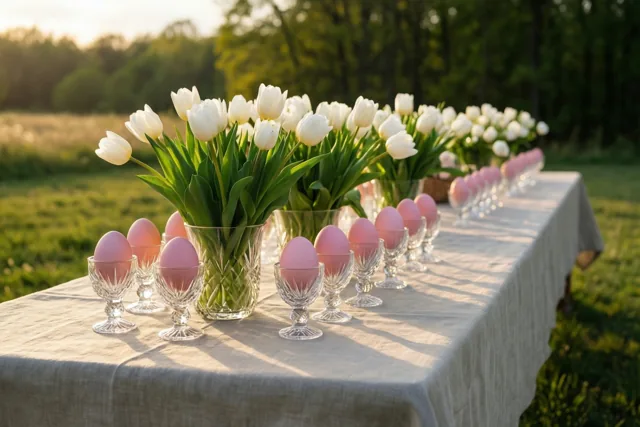 Een lange tafel met een linnen tafelkleed, witte tulpen in glazen vazen en zachtroze eieren in kristallen eierdopjes staat buiten in goudkleurig zonlicht, met gras en bomen op de achtergrond.