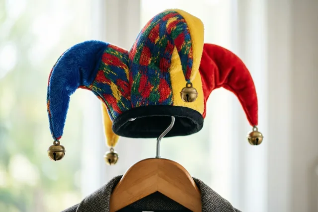 Een kleurrijke zotskap met drie punten en kleine belletjes hangt op een houten kleerhanger tegen een zacht onscherpe achtergrond in natuurlijk licht.