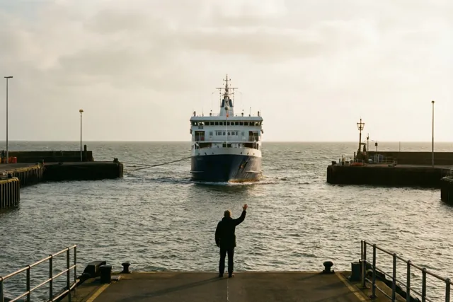 Een persoon staat op de kade te zwaaien naar een veerboot die onder een bewolkte hemel de grijze zee op vaart.