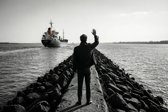 Op een zwart-witfoto zwaait een persoon in een pak vanaf een stenen dijk naar een groot schip dat wegvaart.