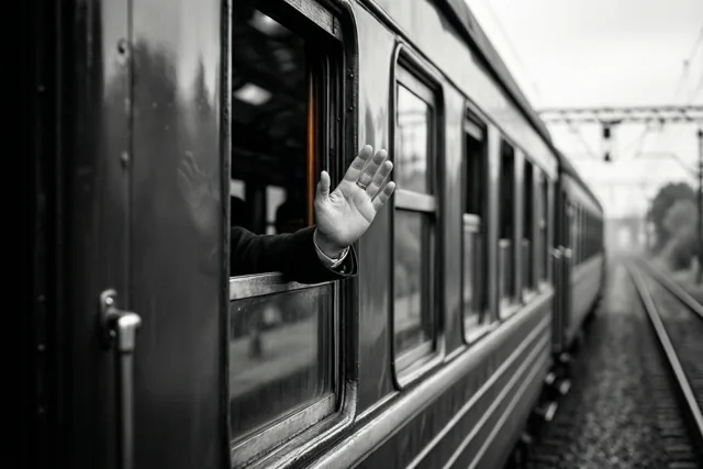 Een hand zwaait uit het raam van een vertrekkende oude treinwagon op een zwart-witfoto.
