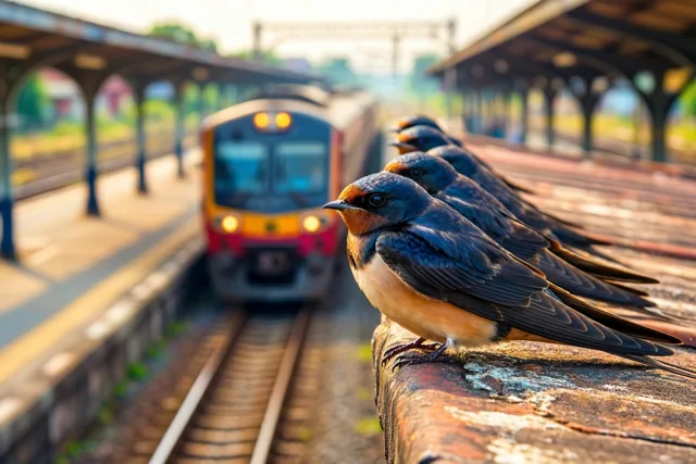 Een rij zwaluwen zit op de rand van een stationsdak terwijl een trein langs een leeg perron vertrekt in warm goudkleurig licht.