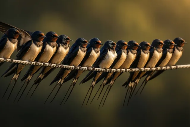 Zwaluwen met donkerblauwe tot zwarte ruggen, witte buiken en oranje rond het gezicht zitten in profiel op een draad tegen een onscherpe gouden achtergrond.