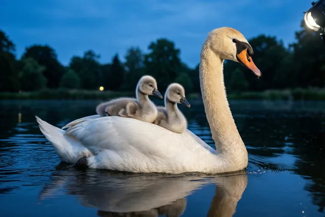 Een zwaan glijdt in de schemering met twee grijze jongen op haar rug over een rustige vijver, in koele blauwe tinten met warme lichtaccenten op de veren.