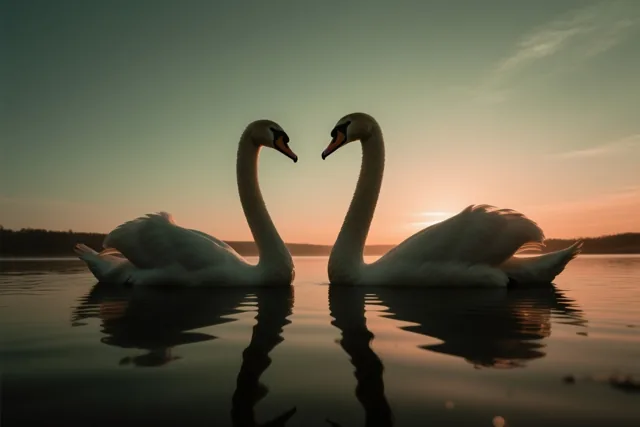 Twee zwanen glijden naast elkaar over een rustig meer bij zonsopgang, met hun weerspiegelingen in oranje en blauwgroen water.