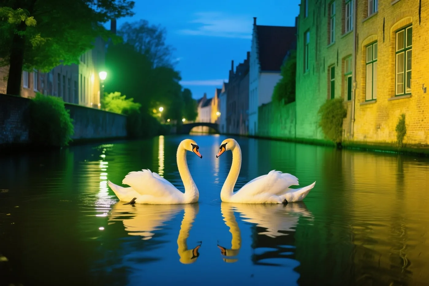 Twee witte zwanen glijden over een rustig kanaal en spiegelen in het water, met gele en groene lichten van historische gebouwen onder een diepblauwe lucht.