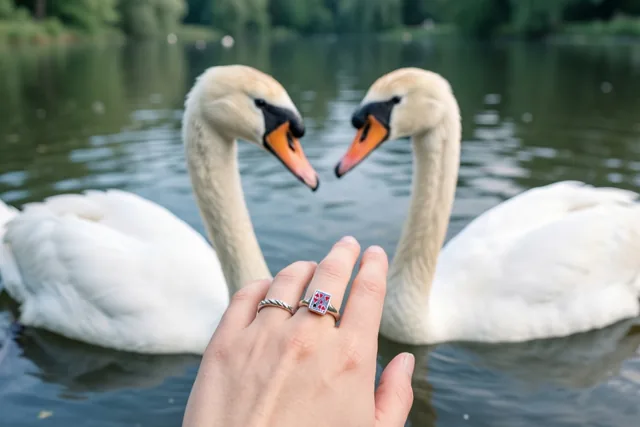 Op de voorgrond staat een hand met een ring met één steen, met daarachter twee zwanen tegenover elkaar op een vijver omgeven door groen.