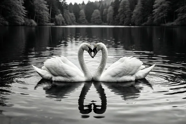 Een contrastrijke zwart-witfoto toont twee witte zwanen met hun halzen in een hartvorm op een rustig meer, met weerspiegelingen en een donkere beboste oever.