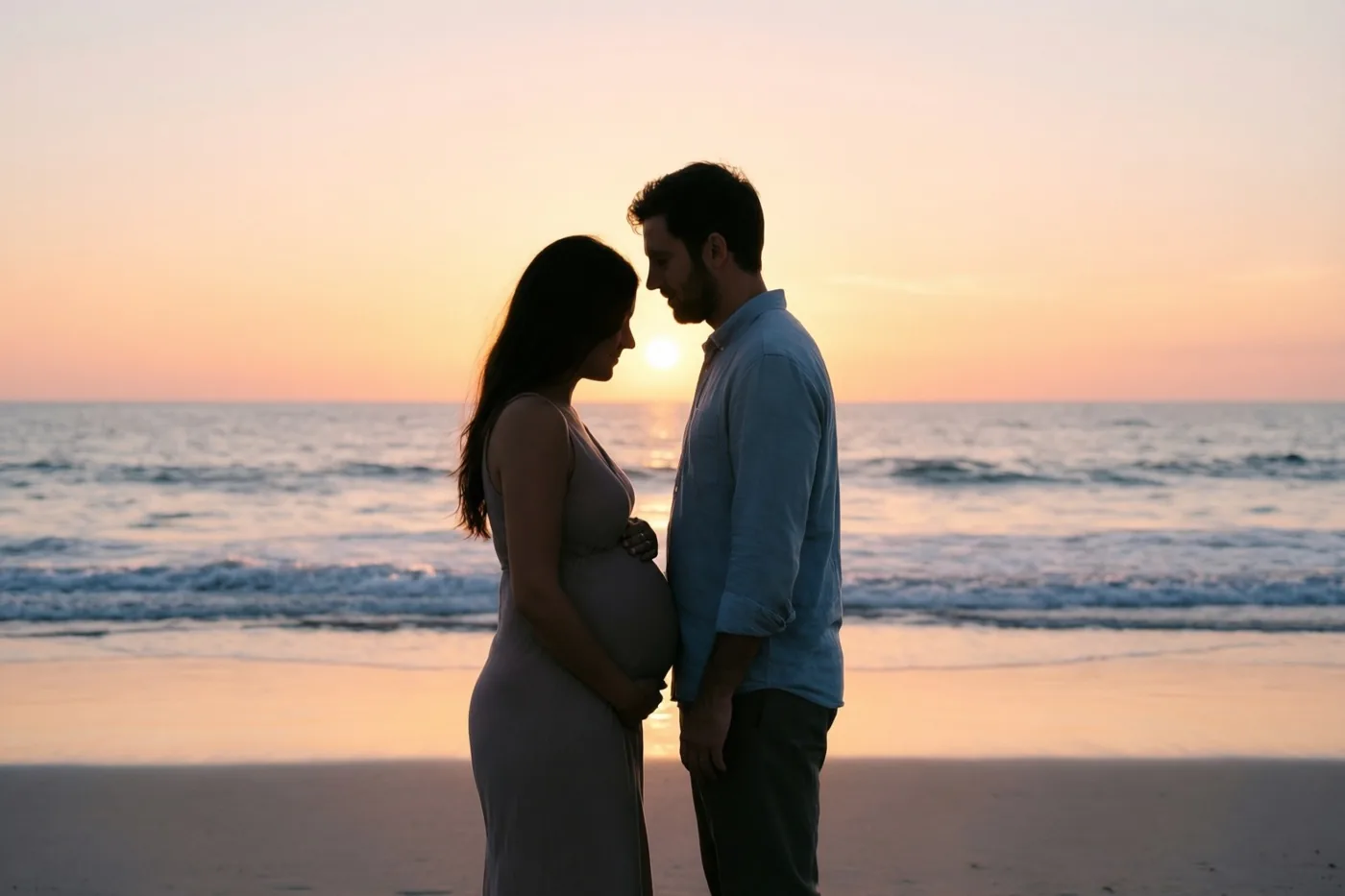 De silhouetten van een zwangere vrouw en een man staan naar elkaar toe op een strand, met haar ronde buik zichtbaar tegen een oranjeroze zonsondergang boven zee.