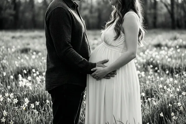 Een koppel staat naast elkaar in een lenteweide met hun handen op de zwangere buik van de vrouw, op een zwart-witfoto.