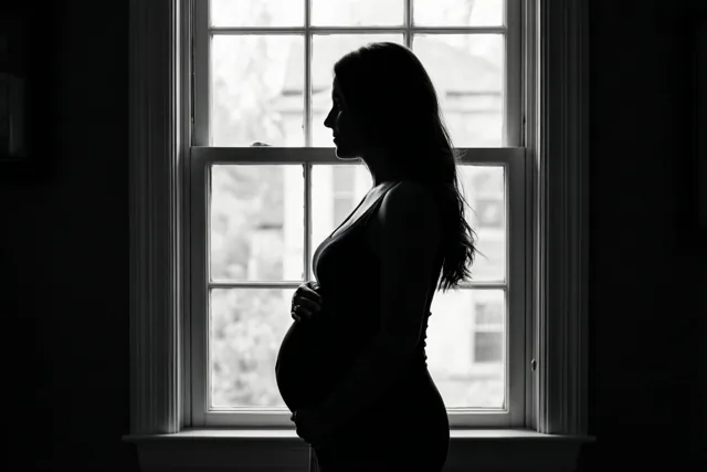 Een zwangere vrouw staat als silhouet bij een raam en kijkt naar buiten op een zwart-witfoto.