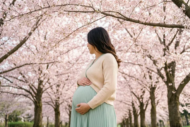 Een zwangere vrouw staat in een park onder roze kersenbloesems, met beide handen op haar buik en haar gezicht opzij gedraaid, in zachte roze, beige en mintgroene tinten.