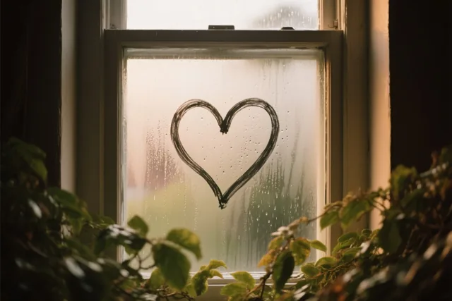 Een zwart getekend hart staat op een beregend raam, gezien vanuit een donkere kamer met groen onderaan en warm licht door het glas.