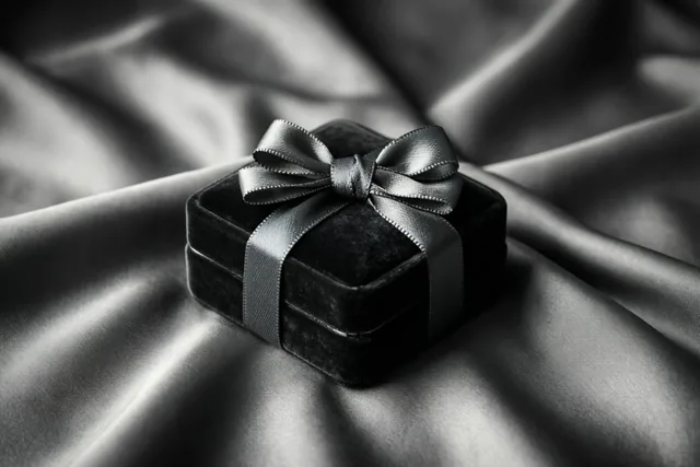 Een klein zwart fluwelen juwelendoosje met een zwarte satijnen strik rust op gedrapeerde zwarte zijde in een monochroom beeld.