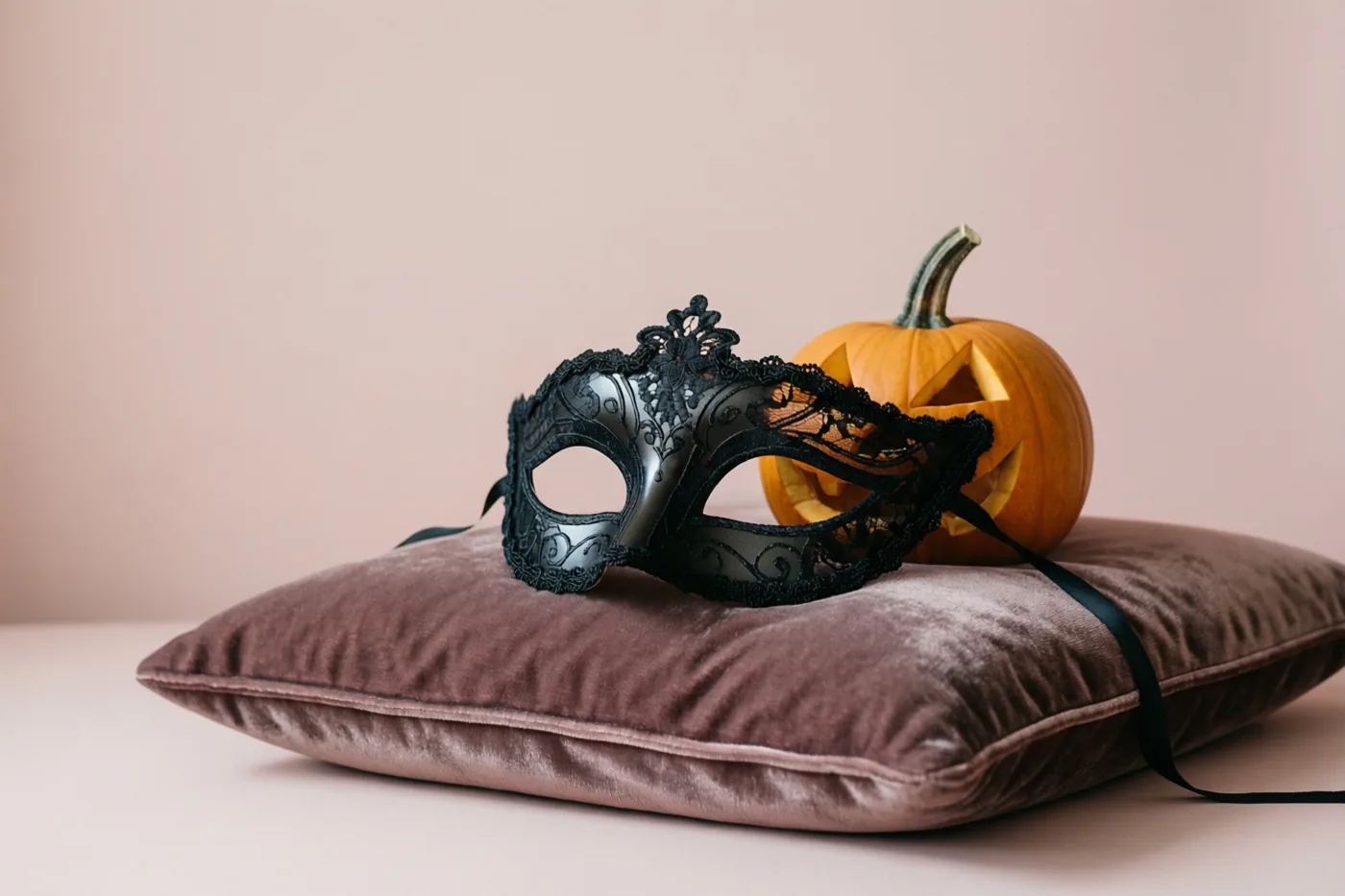 Een zwart kanten masker ligt op een oudroze fluwelen kussen naast een uitgesneden oranje pompoen tegen een zachtroze achtergrond.