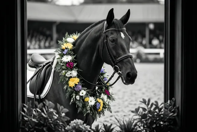 Door een raam zie je een zwart paard met een kleurrijke bloemenkrans in een piste, waarbij de bloemen afsteken tegen de zwart-witte omgeving.