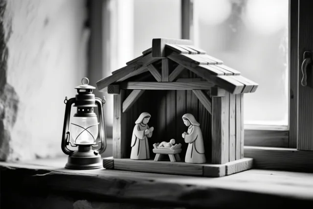 Een houten kerststal met Maria, Jozef en het kindje Jezus staat op een vensterbank naast een brandende lantaarn, weergegeven in zwart-wit.