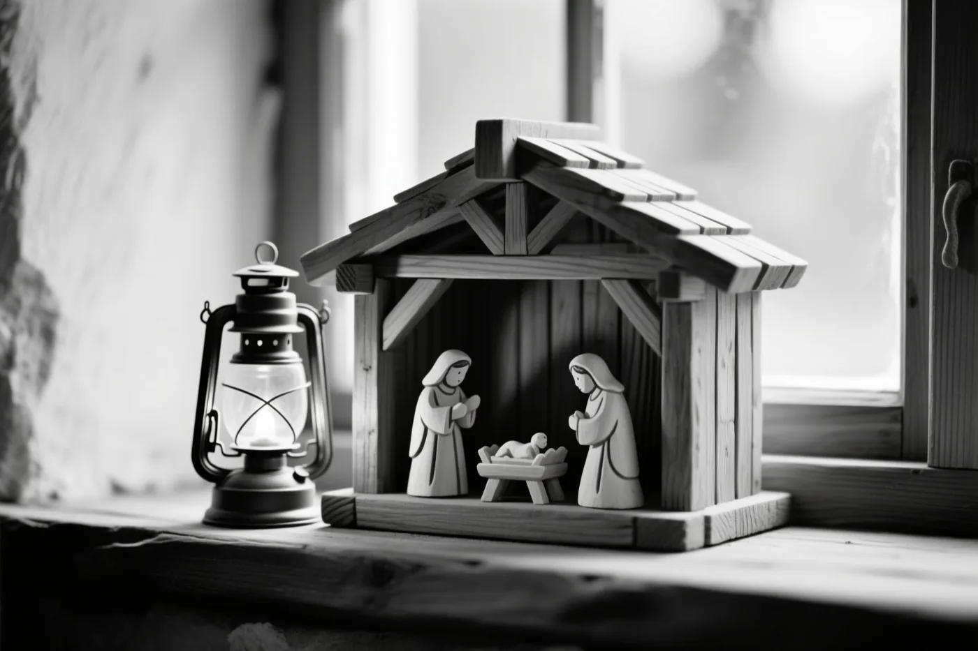 Een houten kerststal met Maria, Jozef en het kindje Jezus staat op een vensterbank naast een brandende lantaarn, weergegeven in zwart-wit.