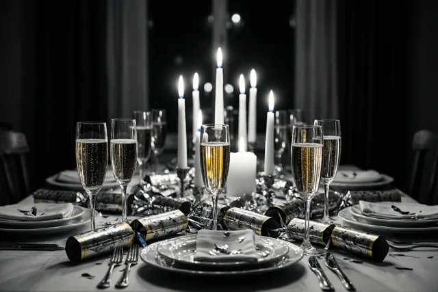 Een gedekte oudejaarstafel met champagneglazen, kaarsen en knalbonbons is in zwart-wit weergegeven, terwijl de champagne en kaarsvlammen hun gouden kleur behouden.